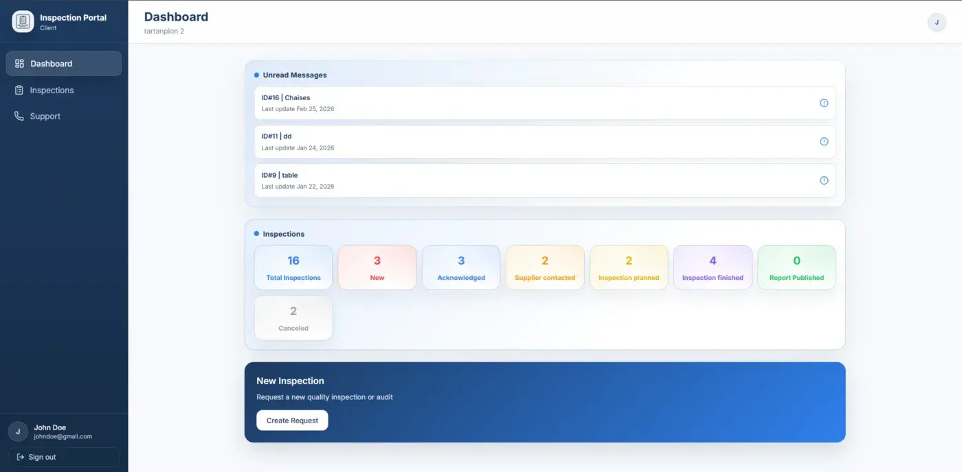 Desktop dashboard view of Inspection Portal